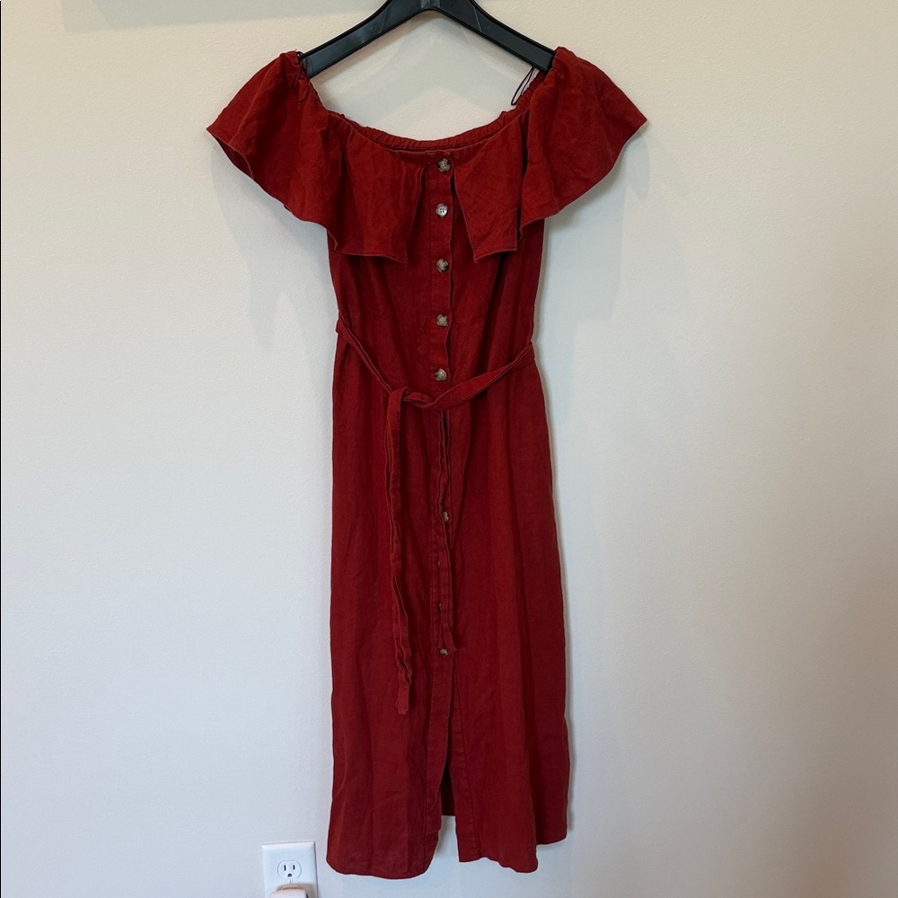 Zara Off-Shoulder Button-Front Midi Dress in Deep Red